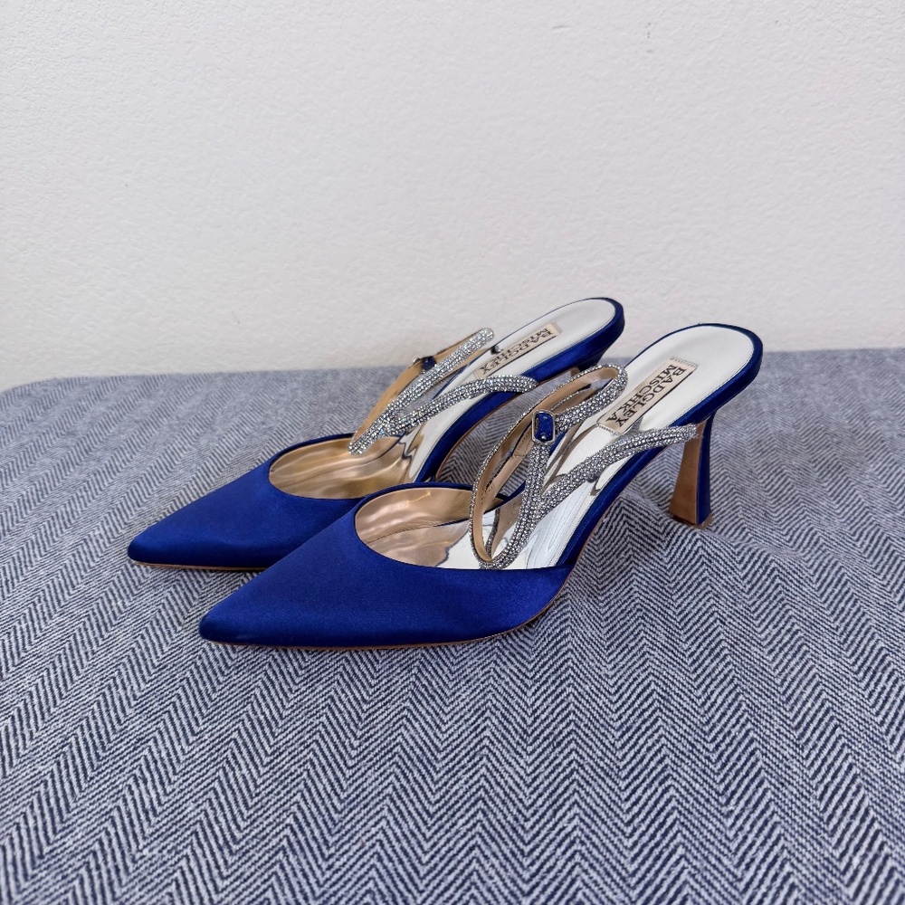 BAGLEY MISHKA - Blue Satin Embellished Ankle Strap Heels